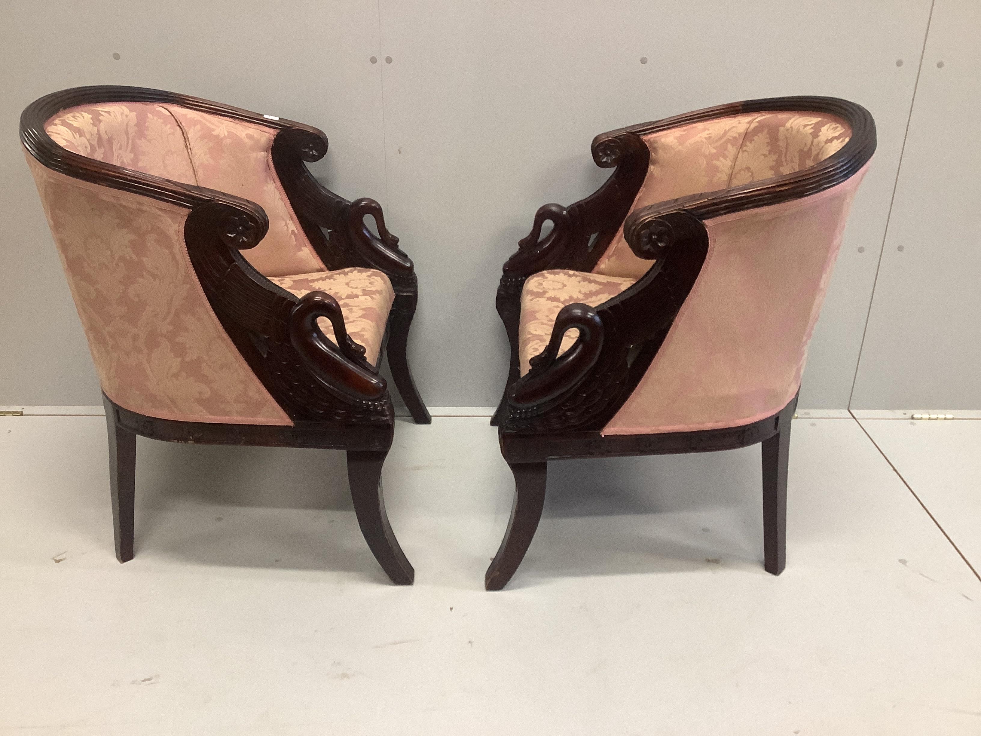 A pair of reproduction Empire style mahogany tub framed chairs, width 68cm, depth 54cm, height 86cm